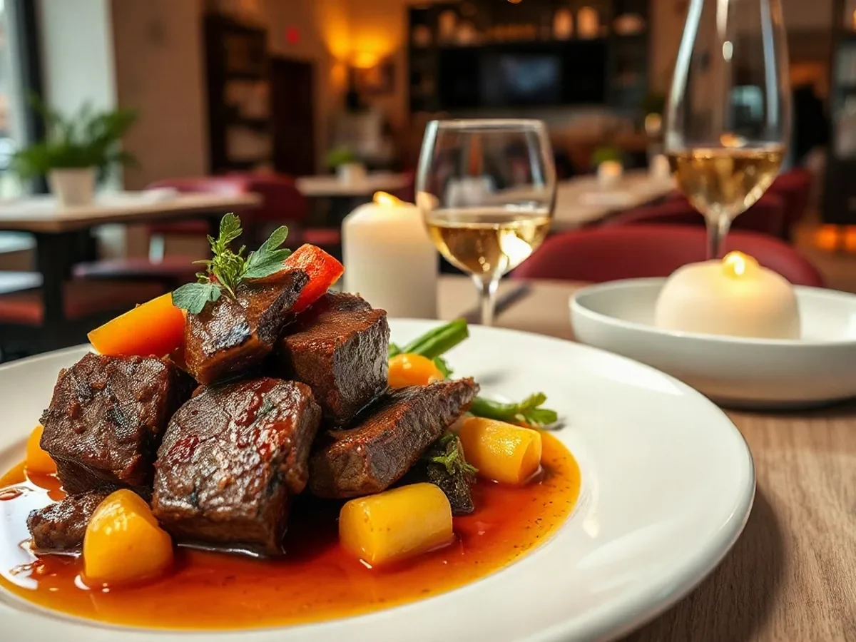Slow-cooked beef with seasonal vegetables and herbs, glistening under warm lamplight.