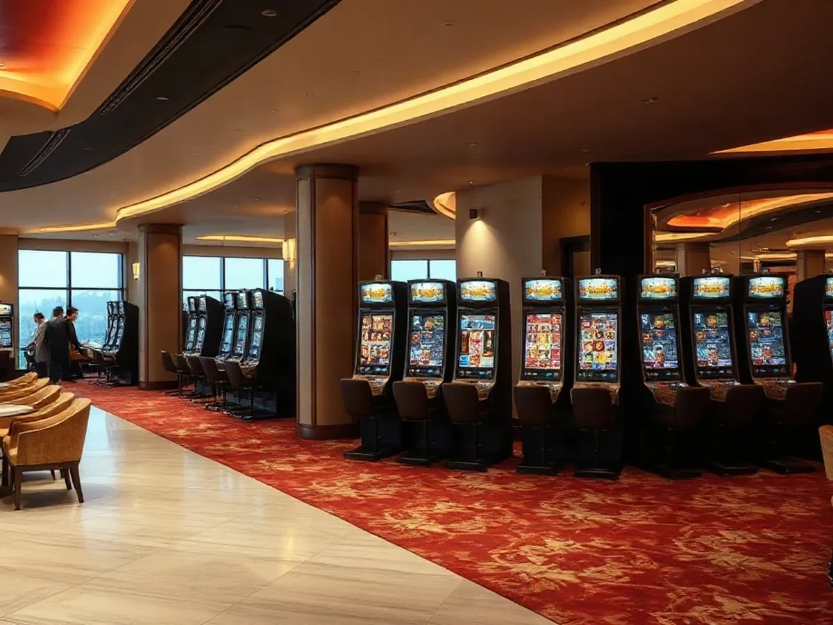 A row of slot machines with softly glowing displays beside oak details and pale plaster.