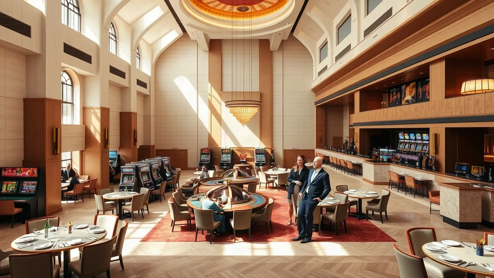 Broad casino interior with gaming tables, oak details and pale plaster glowing in layered daylight and lamplight.