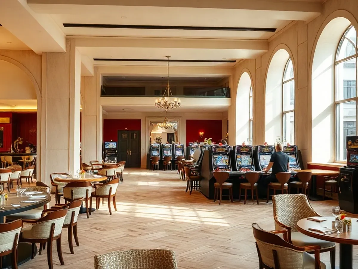 Gaming floor with physical tables, oak details and soft pools of lamplight beneath pale plaster walls.